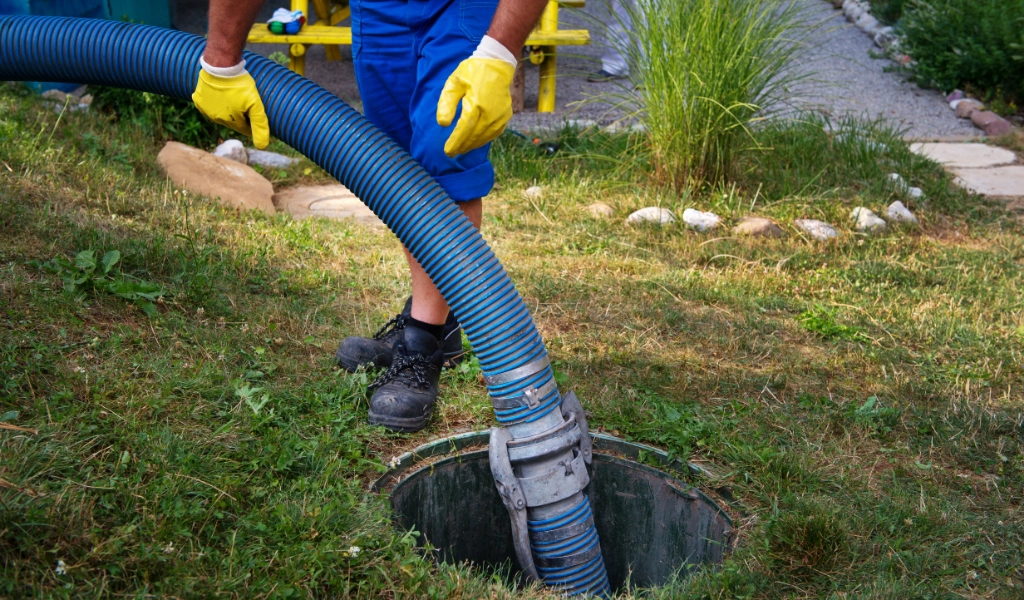 A Septic Tank Cleaner, wearing gloves and boots, is holding a blue hose inserted into an open septic tank in a grassy outdoor area.