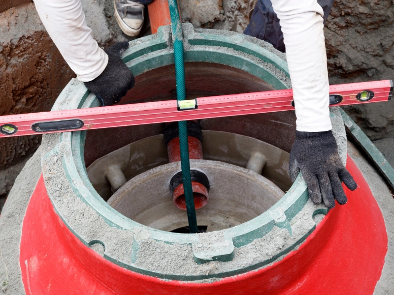 A worker from a septic company aligns a red and gray concrete structure using a level tool.