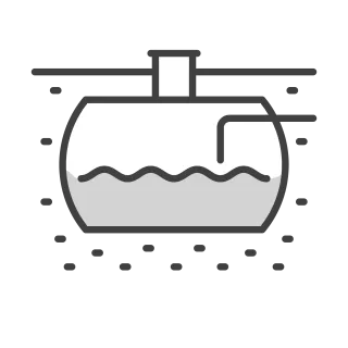 A black and white icon depicting a septic tank with a wave line indicating the liquid level inside and an inflow/outflow pipe on the right side, ideal for representing local septic tank service.