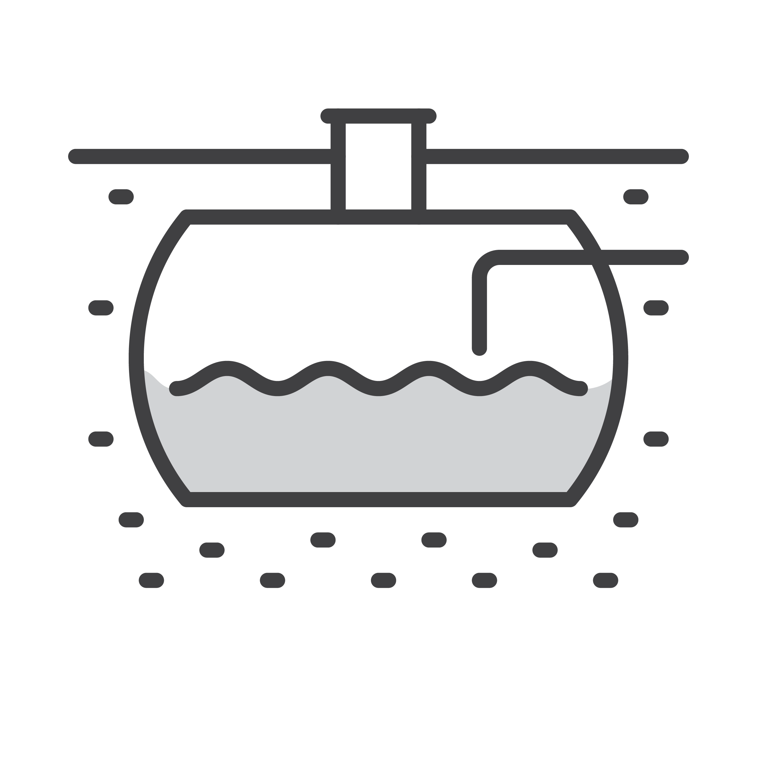 A black and white icon depicting a septic tank with a wave line indicating the liquid level inside and an inflow/outflow pipe on the right side, ideal for representing local septic tank service.