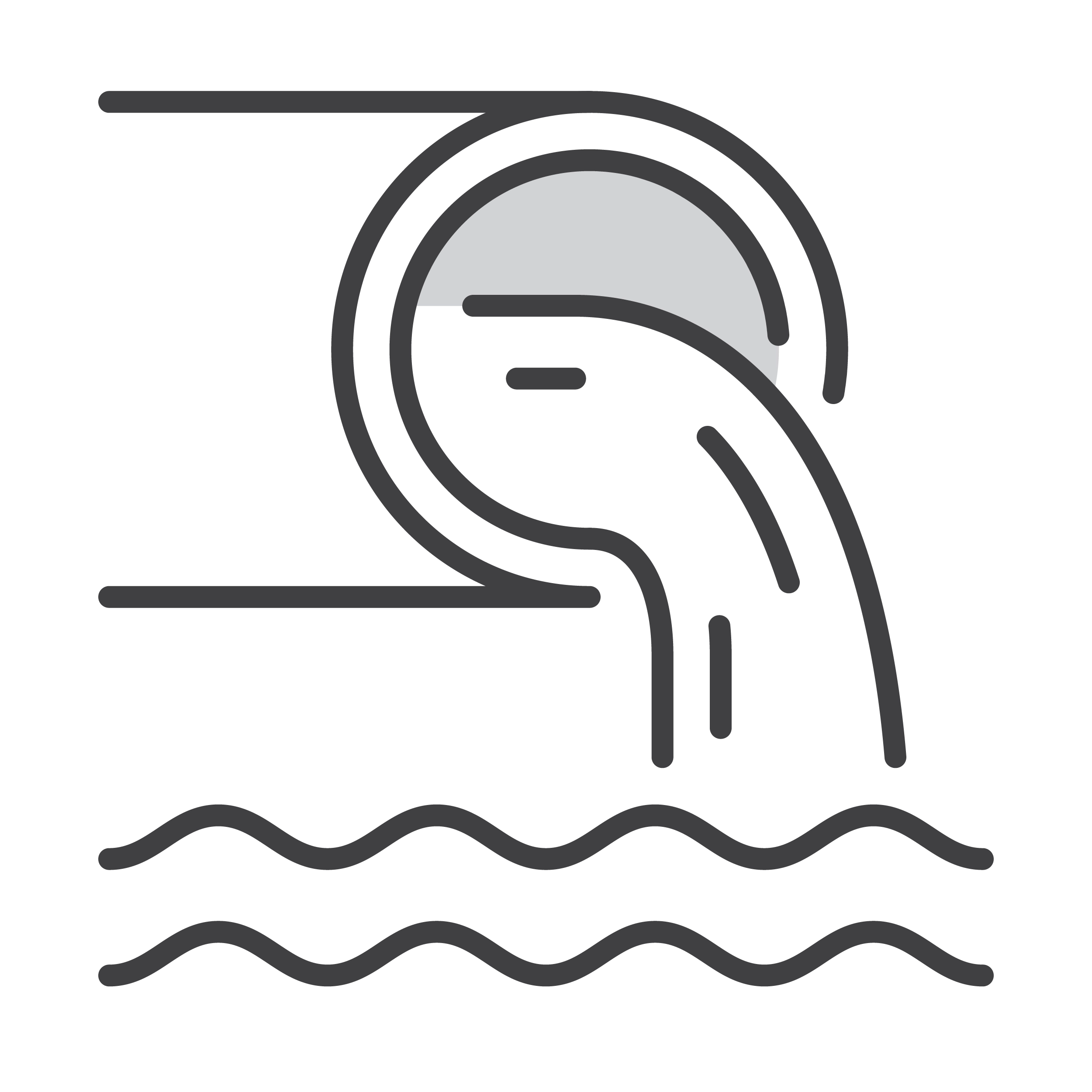 A black and white line icon of water flowing out of a pipe into wavy lines representing water below.