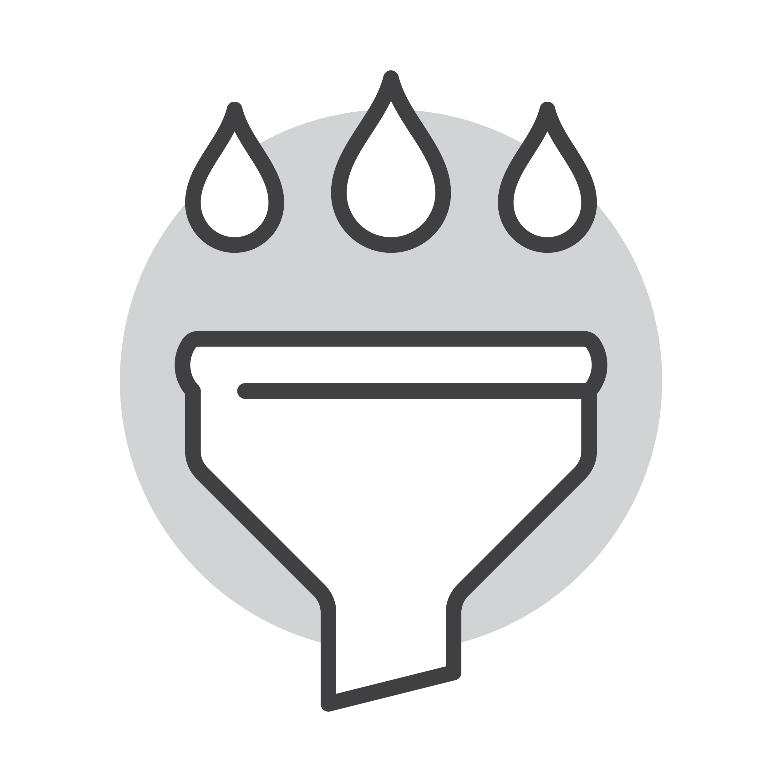 Icon of a funnel with three water droplets above it, set against a gray circular background, representing reliable Septic Services.