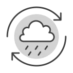 Icon depicting a cloud with rain inside a circular arrow, suggesting ongoing or repetitive rainfall.