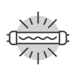 A circular diagram with a central horizontal wavy line, flanked by two rectangular shapes on either side, and radial lines extending from the circle's perimeter, represents UV lights.