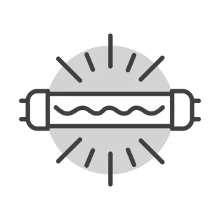 A circular diagram with a central horizontal wavy line, flanked by two rectangular shapes on either side, and radial lines extending from the circle's perimeter, represents UV lights.